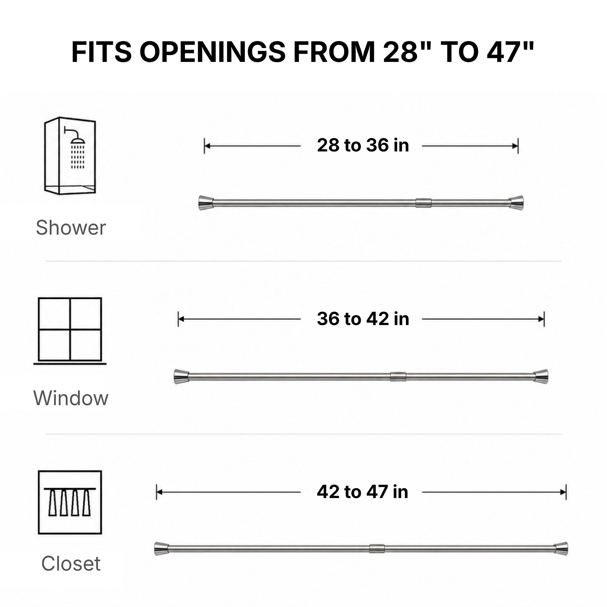 Tension shower curtain rod size guide fits openings from 28 to 47 inches ideal for small shower window and closet spaces