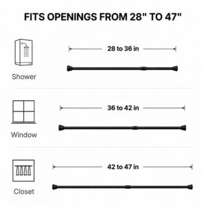 Matte black tension shower curtain rod size guide fits openings from 28 to 47 inches ideal for small shower window and closet spaces