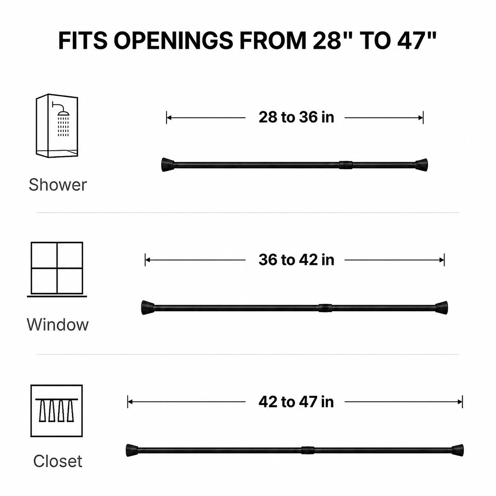 Matte black tension shower curtain rod size guide fits openings from 28 to 47 inches ideal for small shower window and closet spaces