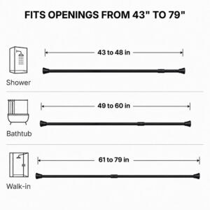 Adjustable black tension rod fits openings from 43 to 79 inches, shower stall, bathtub, and walk-in shower