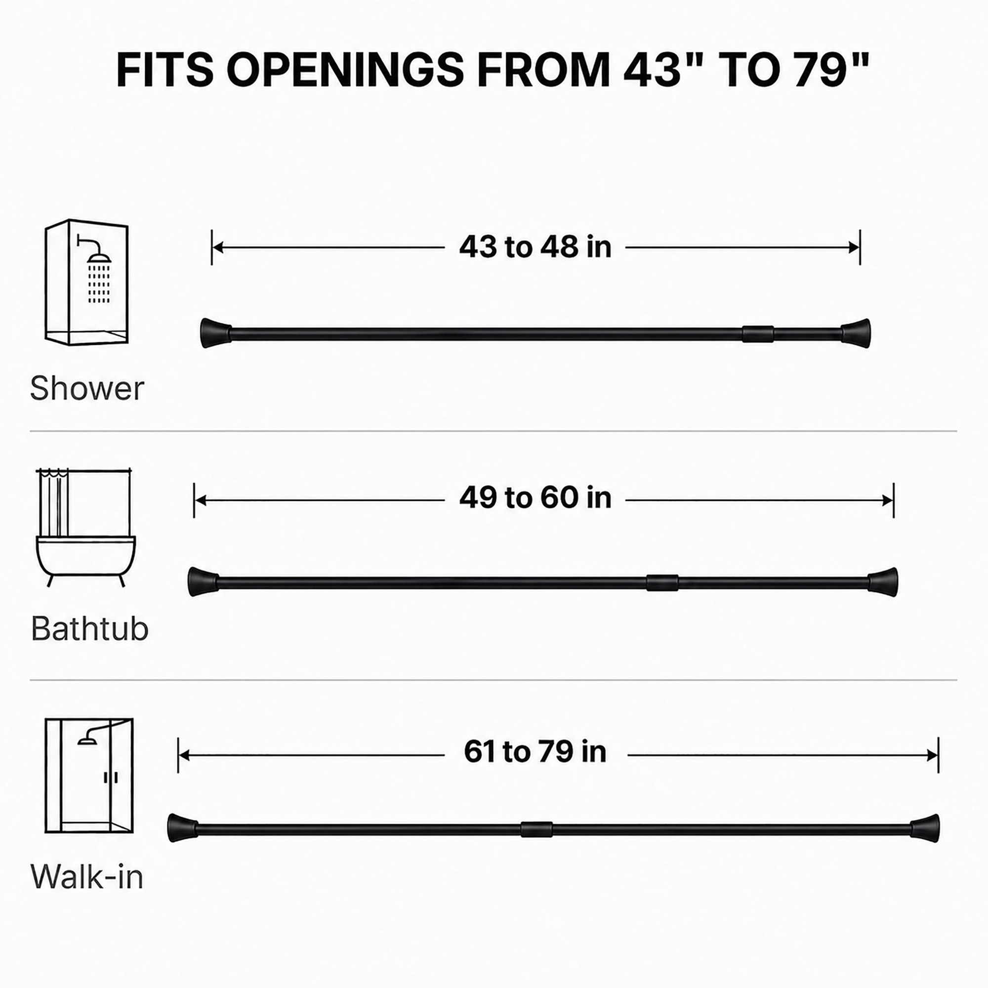 Adjustable black tension rod fits openings from 43 to 79 inches, shower stall, bathtub, and walk-in shower