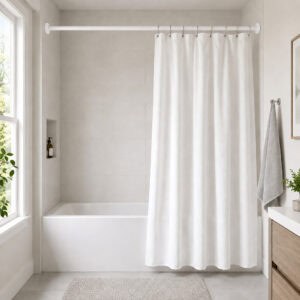 White shower curtain rod in straight configuration mounted over a bathtub with a white curtain in a bright bathroom