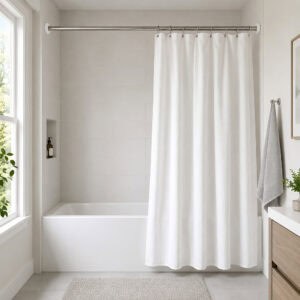 Stainless steel shower curtain rod in straight configuration mounted over a bathtub with a white curtain in a bright bathroom
