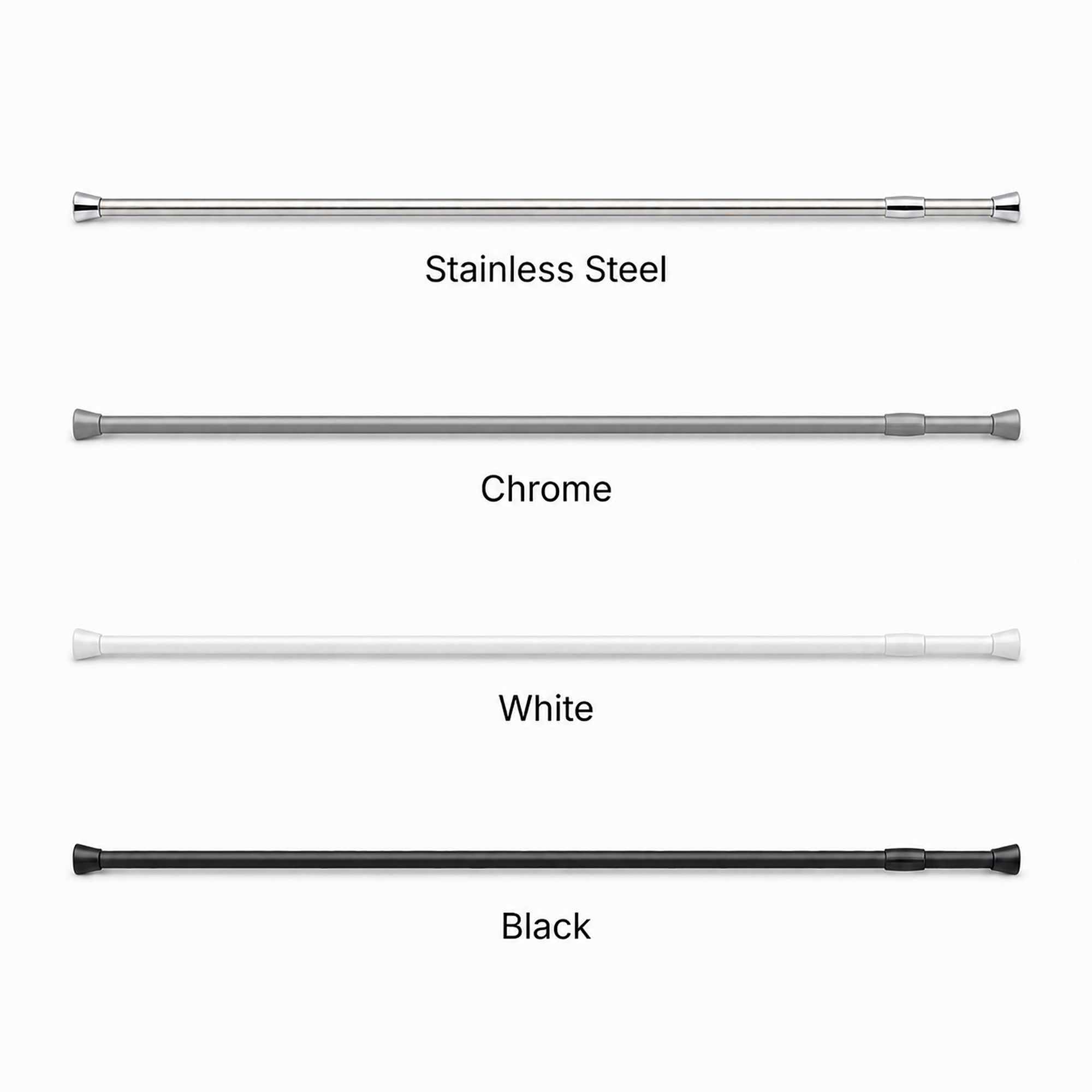 Tension shower curtain rod available in 4 finishes, stainless steel, chrome, white, and black, 43 to 79 inches