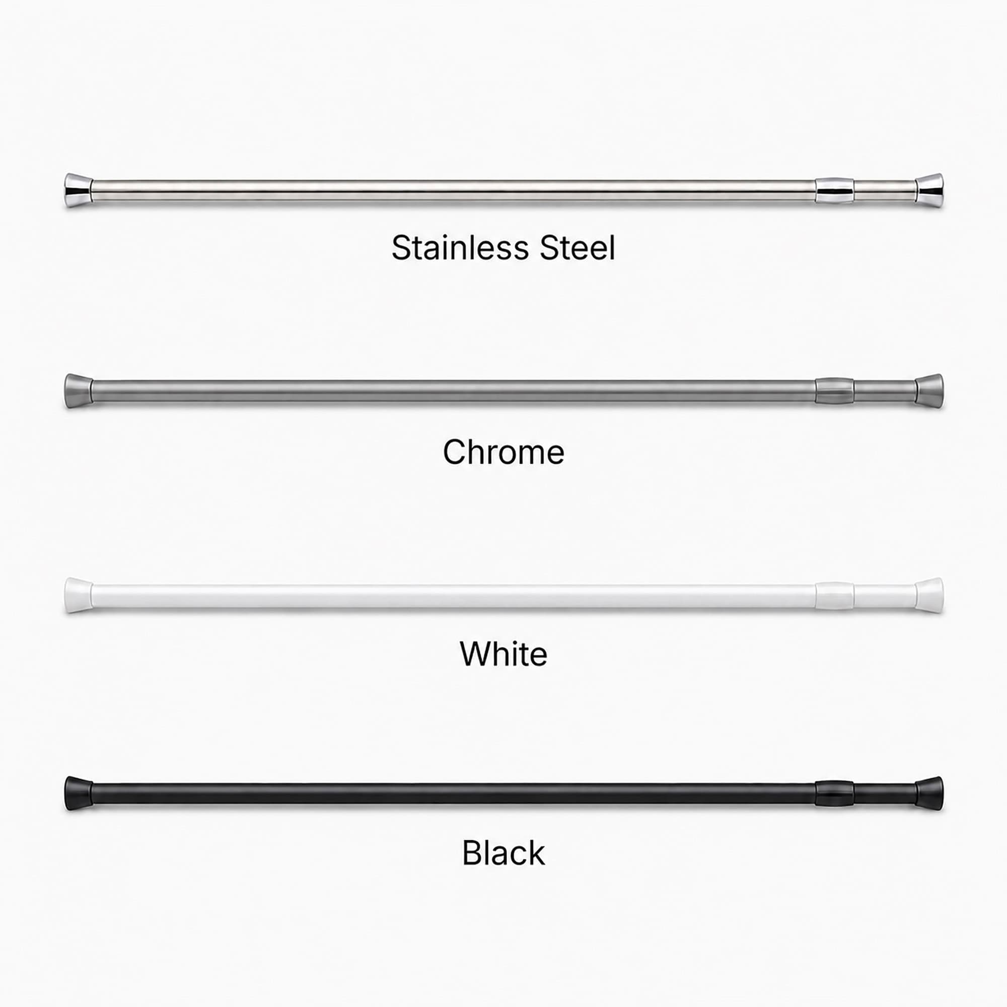 Matte black tension shower curtain rod available in 4 colors stainless steel chrome white and black matte finish for any bathroom decor