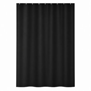 Black extra long polyester shower curtain measuring 79 by 71 inches hanging on a rod