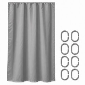 Gray stall shower curtain 48 x 72 inches with 8 gray C-shaped plastic rings on a white background