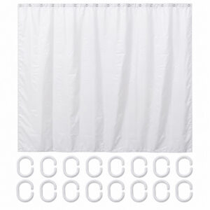 White extra wide polyester shower curtain 95 x 79 inches with 16 white plastic C-shape rings on a white background