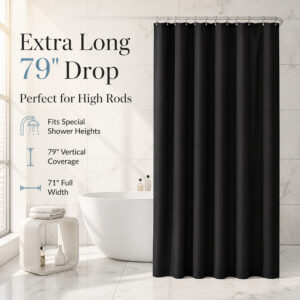 Dimension diagram of the black shower curtain, 79 inches long by 71 inches wide