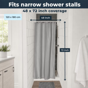 Narrow gray shower curtain in a shower stall with 48 inch width and 72 inch height dimension arrows