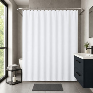 White extra wide shower curtain hung on a chrome rod in a modern bathroom with a freestanding tub and dark vanity