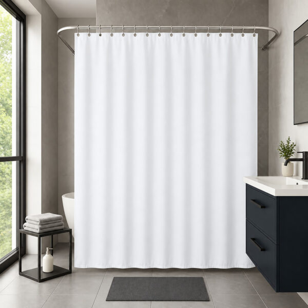 White extra wide shower curtain hung on a chrome rod in a modern bathroom with a freestanding tub and dark vanity