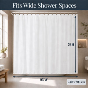 Extra wide white shower curtain with dimension arrows showing 95 inches wide by 79 inches high, 240 x 200 cm