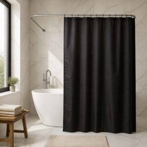 Black polyester shower curtain in a modern bathroom with a white bathtub