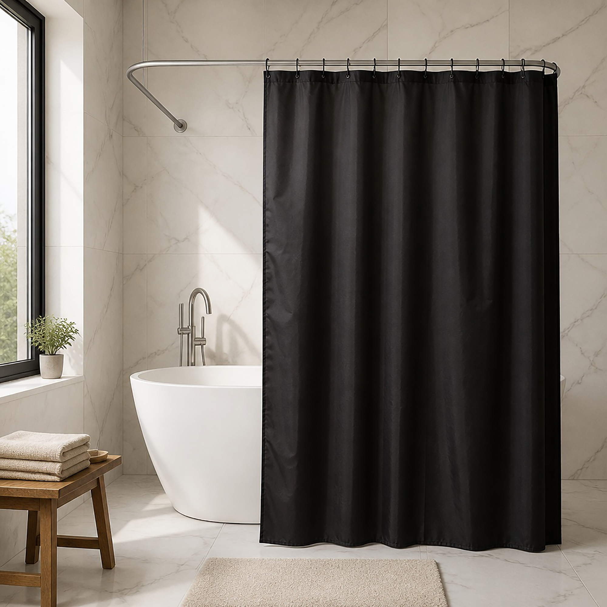 Black polyester shower curtain in a modern bathroom with a white bathtub