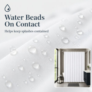 Close-up of water beads on white polyester shower curtain fabric showing the water-resistant finish