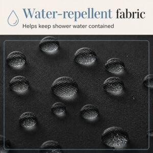 Close-up of the water resistant black polyester fabric of the shower curtain