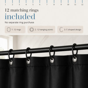 Rustproof metal grommets and reinforced header along the top of the black shower curtain