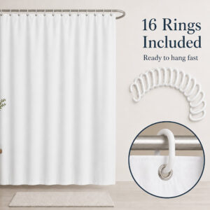 White shower curtain on a curved rod with a set of 16 white plastic rings and one ring hooked through a grommet