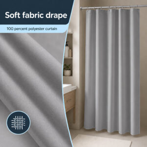 Soft gray polyester fabric close-up beside a full gray stall shower curtain on a chrome rod