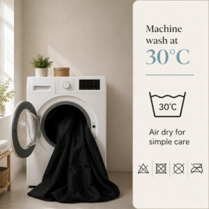 Care guide for the black shower curtain: machine wash cold, no tumble dry, no iron