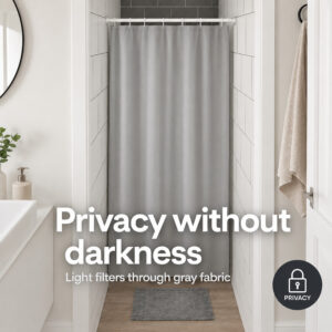 Gray fabric shower curtain giving privacy in a narrow shower stall while soft light filters through