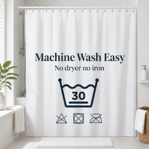 White shower curtain with care symbols for machine wash at 30°C, no bleach, no tumble dry and no iron