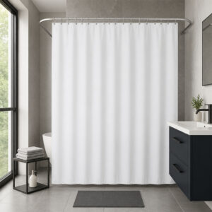 White extra wide shower curtain polyester hanging on a curved rod in a modern bathroom