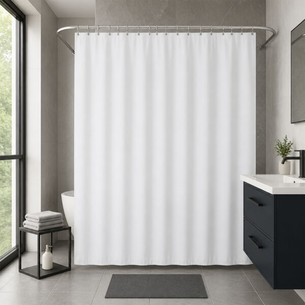 White extra wide shower curtain polyester hanging on a curved rod in a modern bathroom