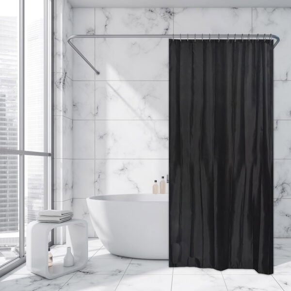 Black extra-long shower curtain displayed in marble-tile bathroom