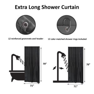 Extra-long black shower curtain size diagram showing 71x79 inches with 12 grommets