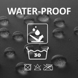 Water-repellent black polyester shower curtain fabric with care icons