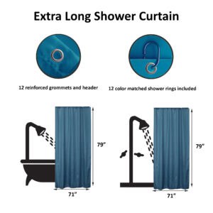 Extra-long Tahitian blue shower curtain size diagram 71x79 inches