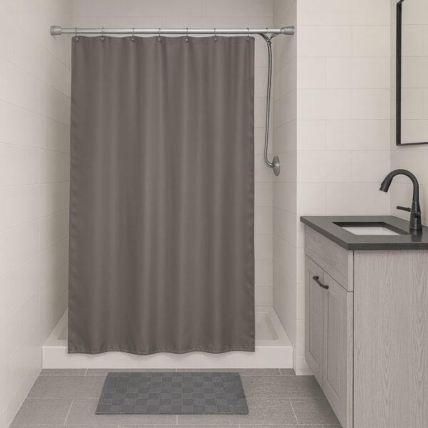Grey stall-size shower curtain hanging in compact bathroom