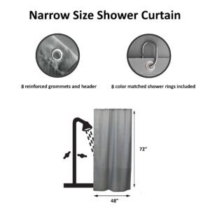 Narrow shower curtain size diagram with 48x72 measurements and 8 grommets