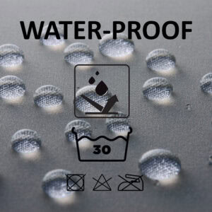 Water-repellent grey polyester shower curtain fabric with care icons