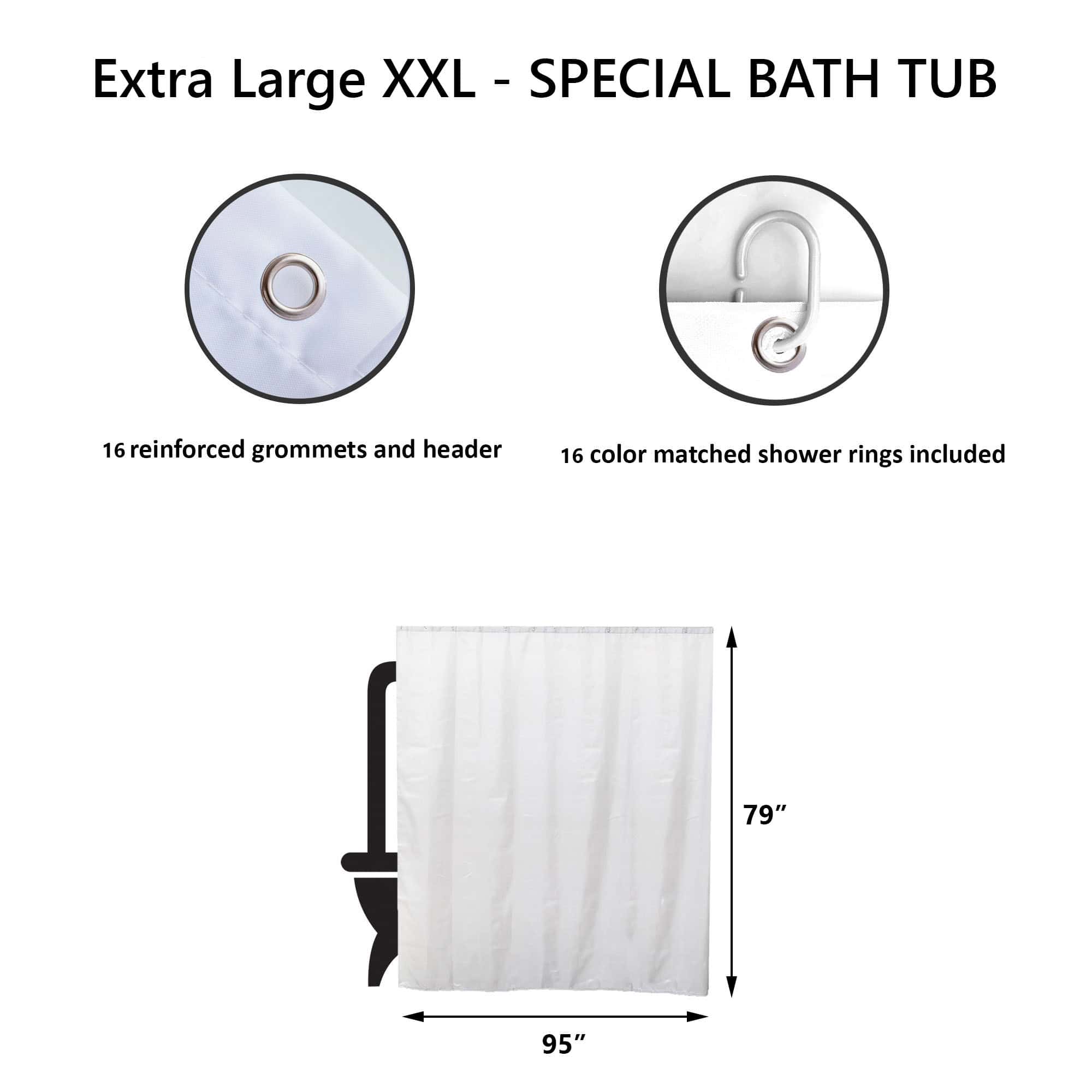 XXL shower curtain size diagram showing 95-inch width and 79-inch height