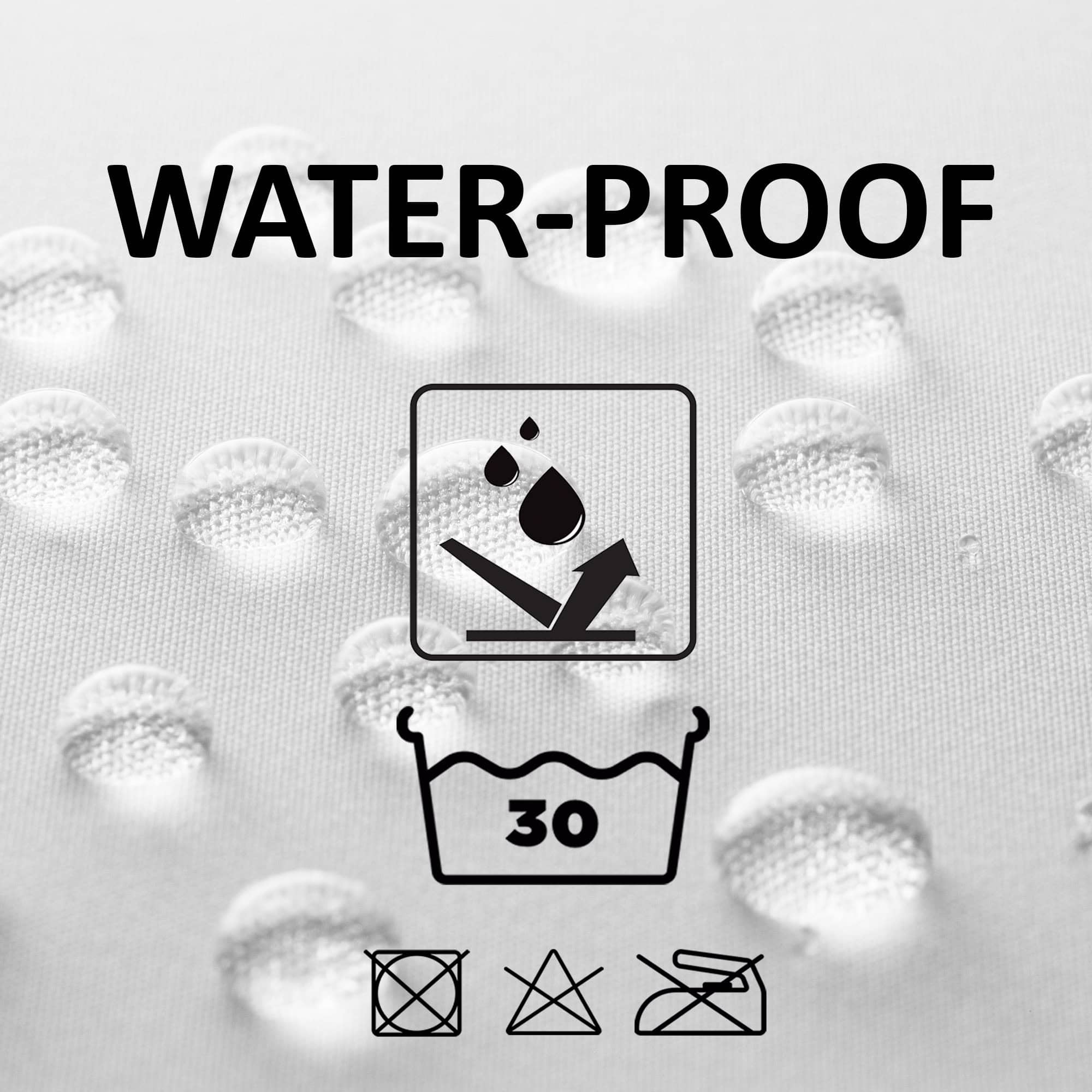 Water-repellent polyester shower curtain fabric with care symbols