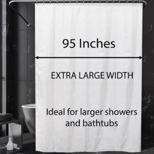 Extra-wide shower curtain labeled 95 inches for large tubs and showers