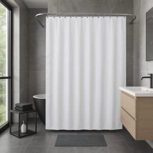 White extra-wide shower curtain displayed in spacious grey bathroom