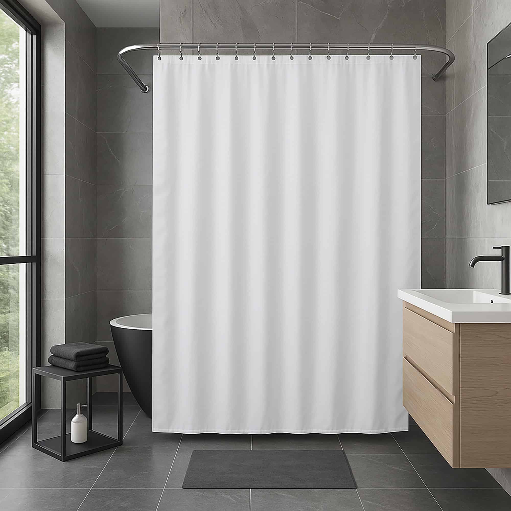 White extra-wide shower curtain displayed in spacious grey bathroom