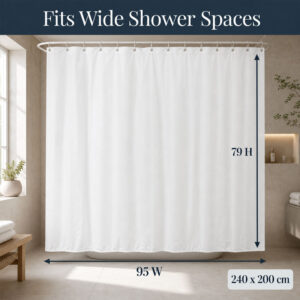 White extra wide shower curtain polyester measuring 95 inches wide by 79 inches high, 240 x 200 cm