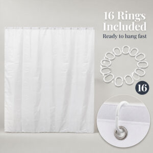 White extra wide shower curtain polyester with the 16 included shower rings, ready to hang