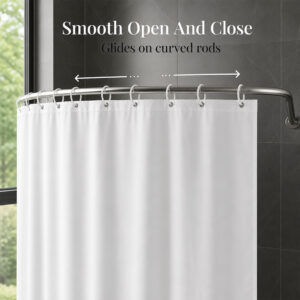 White extra wide shower curtain polyester gliding smoothly on a curved shower rod