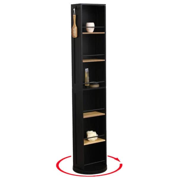 Standing-Swivel-Storage-Tower-Cabinet-Organizer-Linen-Full-Length-Mirror-6-Shelves-Black-and-Bamboo