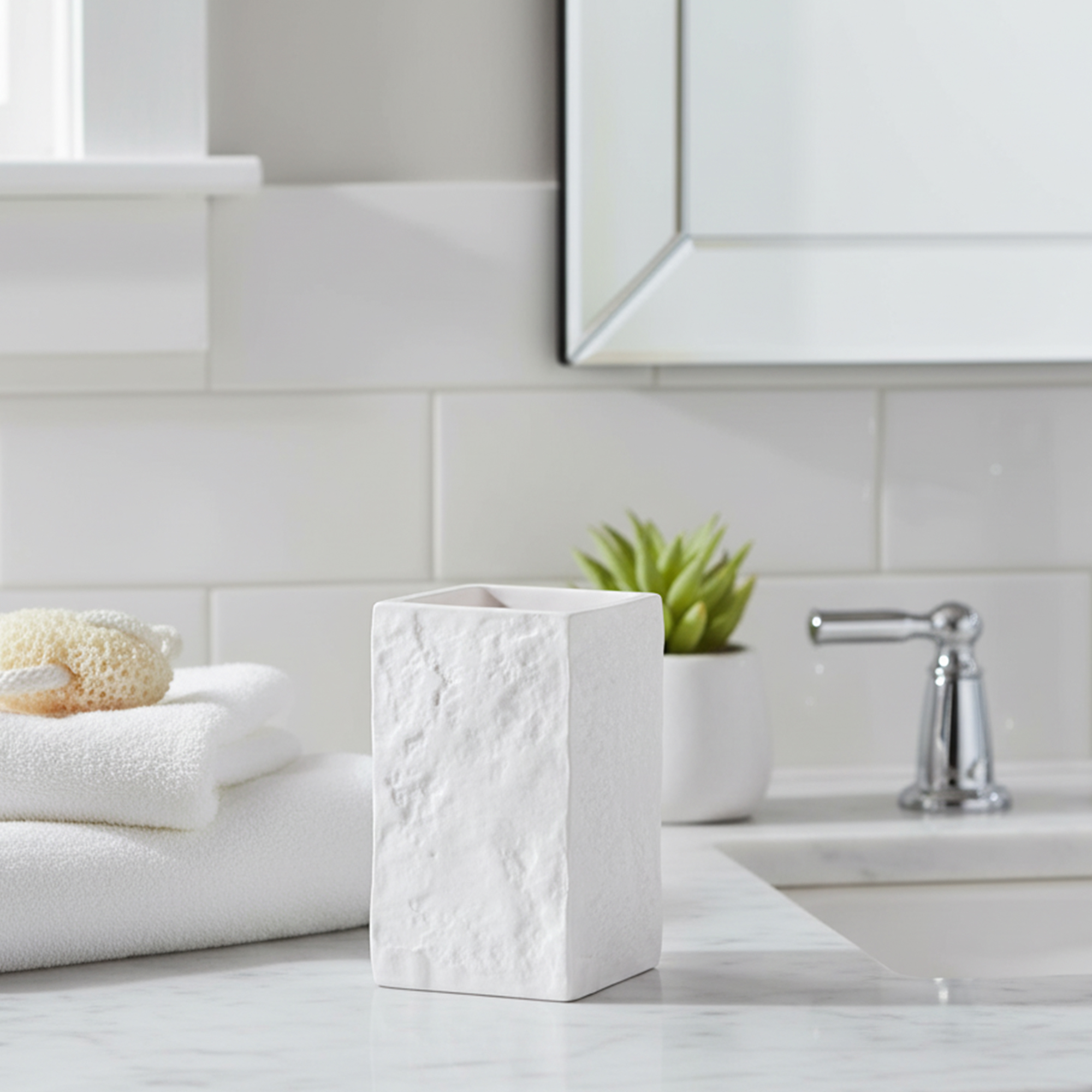 White stone texture toothbrush holder on bathroom countertop