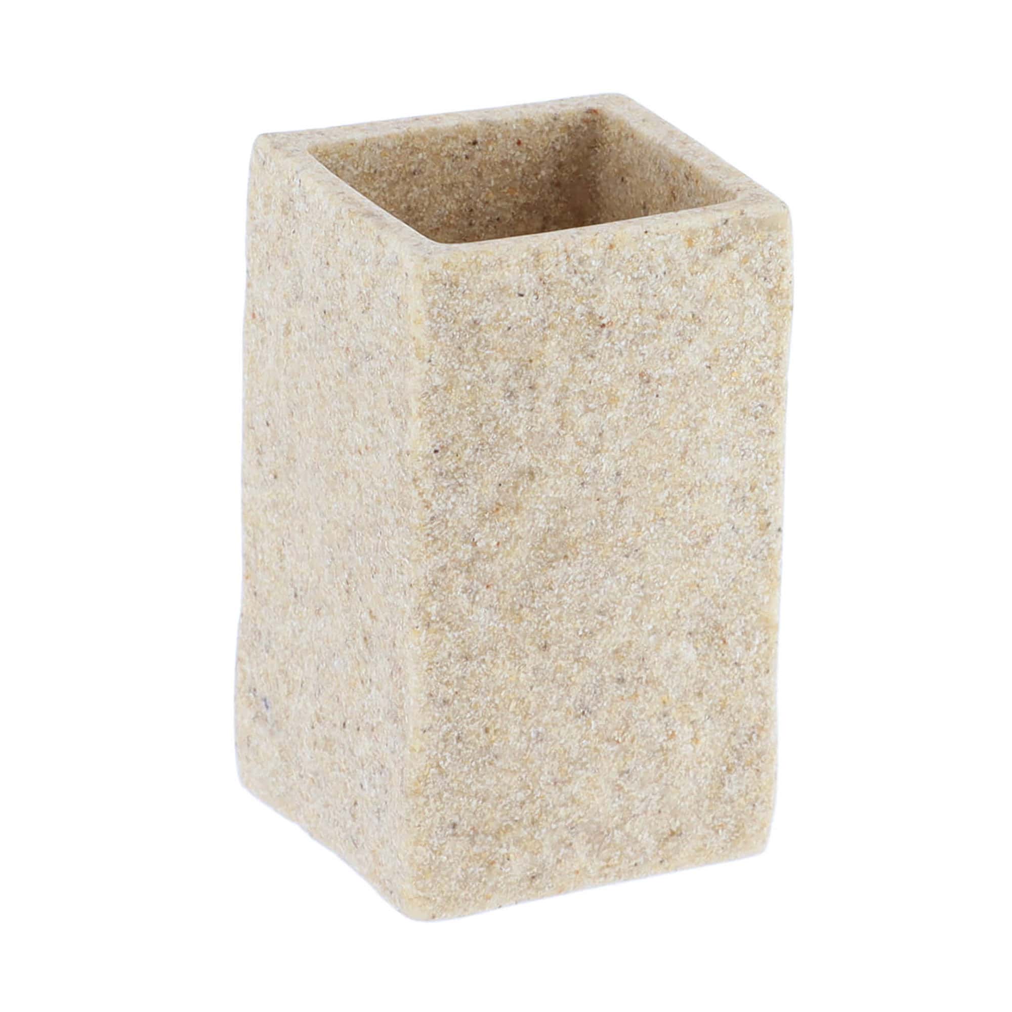 A close-up view of a natural bathroom tumbler with a stone-effect texture, showcasing its minimalist rectangular design.