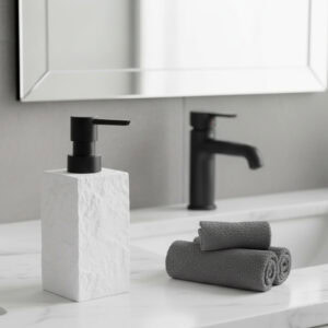 White stone effect soap dispenser with black pump on bathroom sink countertop