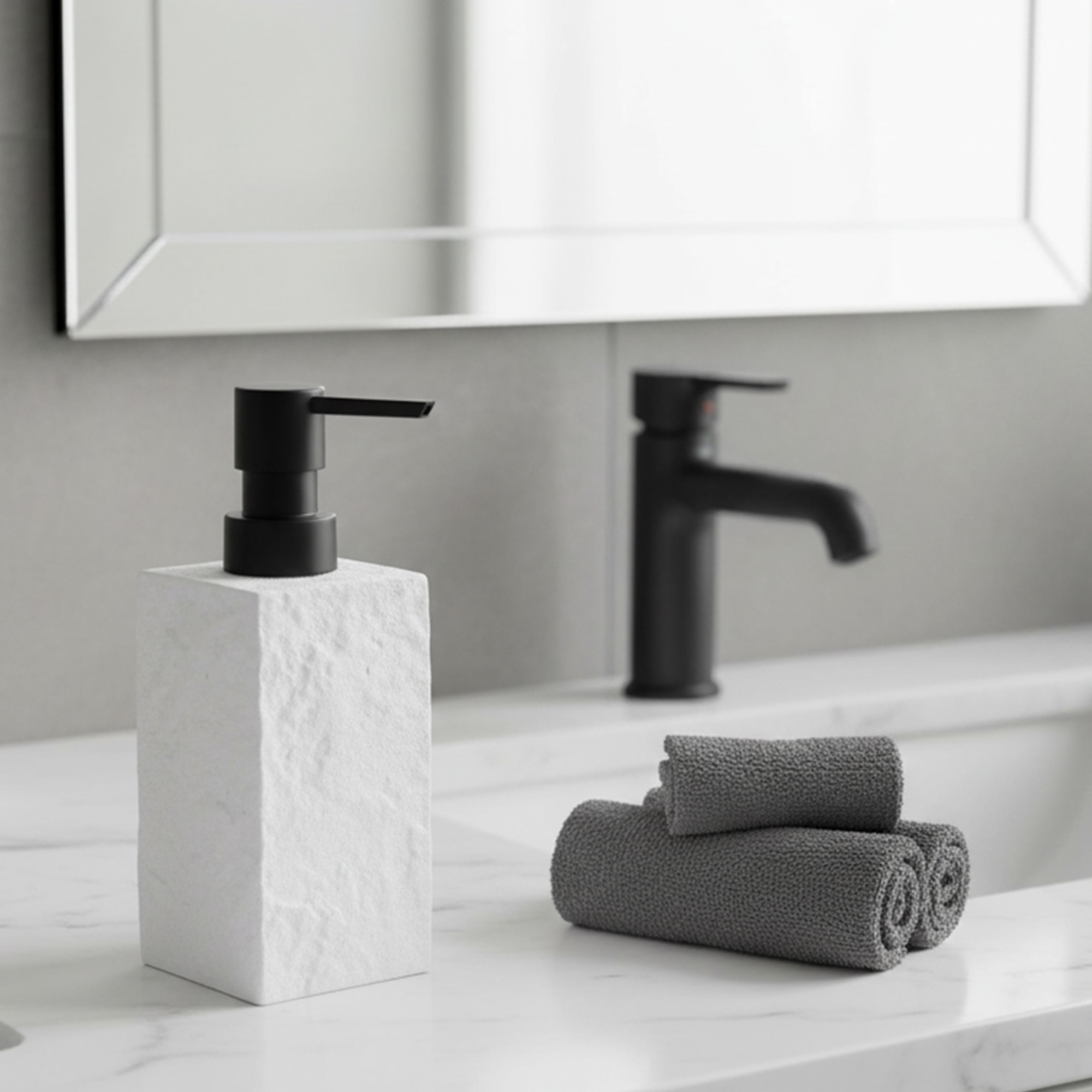 White stone effect soap dispenser with black pump on bathroom sink countertop