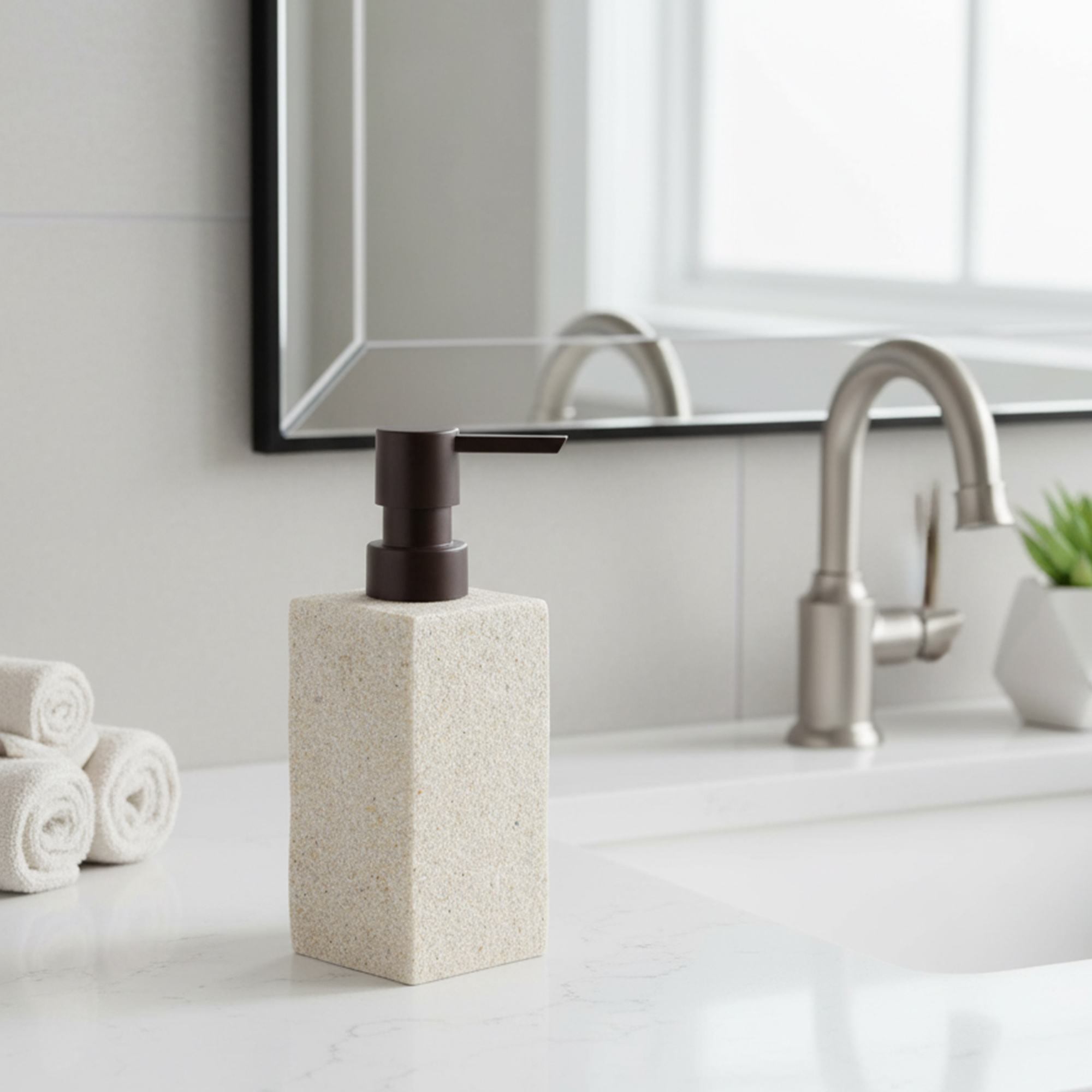 Natural stone effect soap dispenser with dark pump on bathroom sink countertop